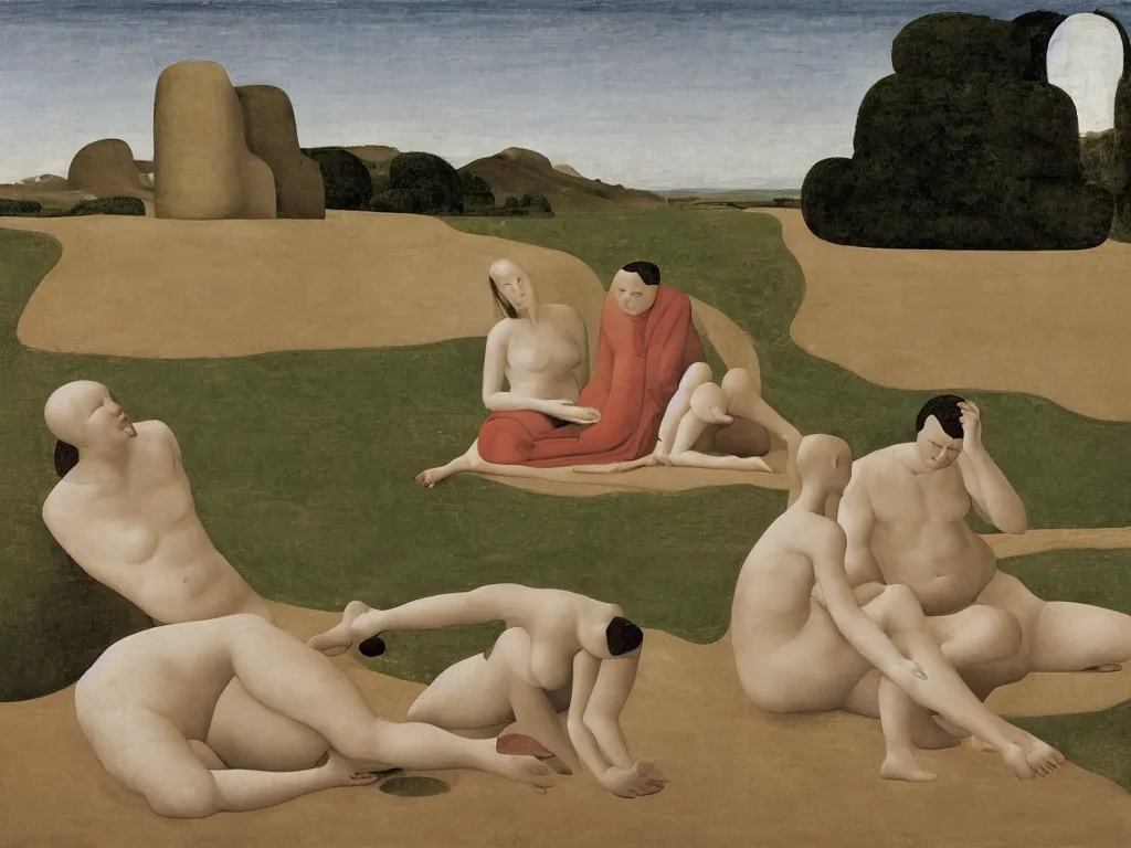 Prompt: Woman and man sitting with their soles touching in opposite directions on the sand. Landscape sculpted by Henri Moore. Painting by Piero della Francesca, Morandi, Balthus