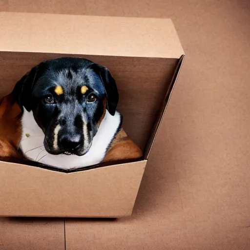 Prompt: black fat dog inside shoebox photograph 4 k