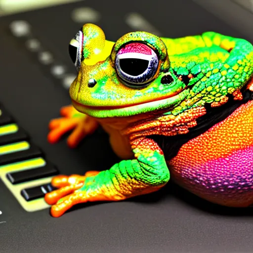 Image similar to a multicolored toad looking at a 1980s computer