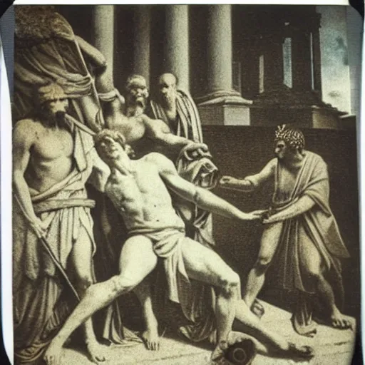 Image similar to a Polaroid photo of the death of Julius Caesar in ancient Rome