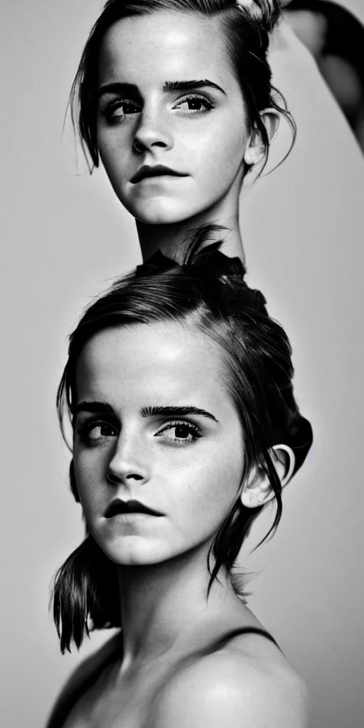 Image similar to Emma Watson closeup face shoulders pigtail hair Vogue fashion shoot by Peter Lindbergh fashion poses detailed professional studio lighting dramatic shadows professional photograph by Cecil Beaton, Lee Miller, Irving Penn, David Bailey, Corinne Day, Patrick Demarchelier, Nick Knight, Herb Ritts, Mario Testino, Tim Walker, Bruce Weber, Edward Steichen, Albert Watson