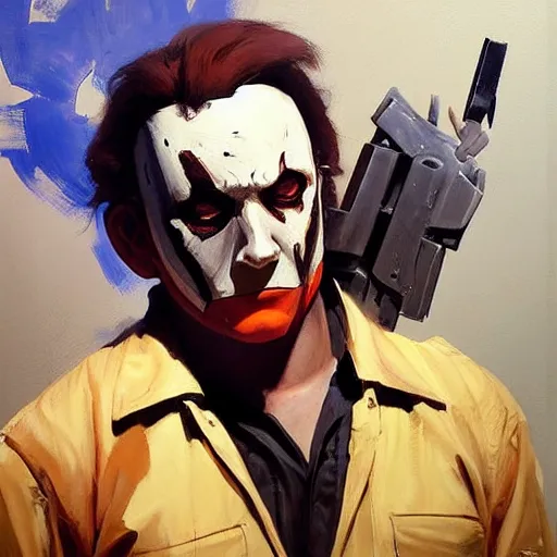 Image similar to greg manchess portrait painting of michael myers as overwatch character, medium shot, asymmetrical, profile picture, organic painting, sunny day, matte painting, bold shapes, hard edges, street art, trending on artstation, by huang guangjian and gil elvgren and sachin teng