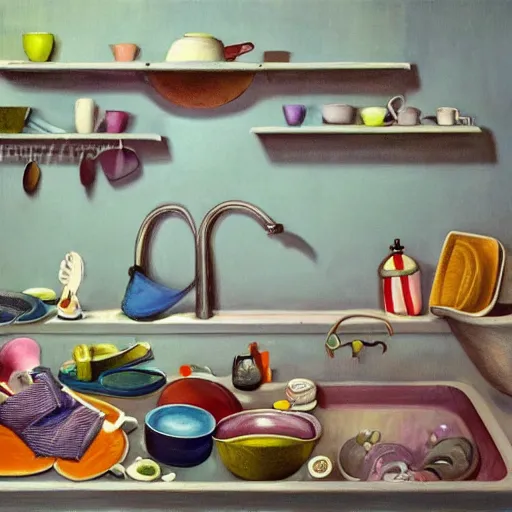 Image similar to the pile of dirty dishes in the sink, in style of surrealism, 4k ultra details, hyper realism,