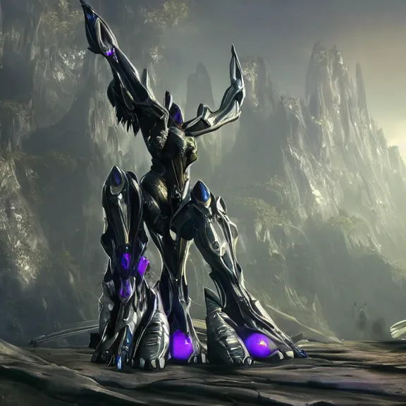 Image similar to extremely detailed cinematic low ground shot of a giant 1000 meter tall beautiful stunning saryn prime female warframe goddess, that's an anthropomorphic hot robot mecha female dragon, silver sharp streamlined armor, detailed head, sharp claws, glowing Purple LED eyes, sitting cutely in the background on top of a mountain, a tiny forest with a village in the foreground, fog rolling in, dragon art, warframe fanart, Destiny fanart, micro art, macro art, giantess art, fantasy, goddess art, furry art, furaffinity, high quality 3D realistic, DeviantArt, Eka's Portal, HD, depth of field