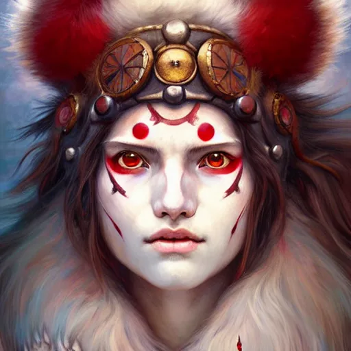 Image similar to Portrait of Princess Mononoke with red facepaint under her eyes, white fur, face, fantasy, intricate, elegant, highly detailed, digital painting, artstation, concept art, smooth, sharp focus, illustration, art by Fernanda Suarez and Artem Demura and alphonse mucha