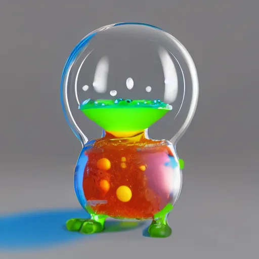 Image similar to single lava lamp with a gelatinous cute happy creature positioned inside, playful, globules, 8 k, render by pixar