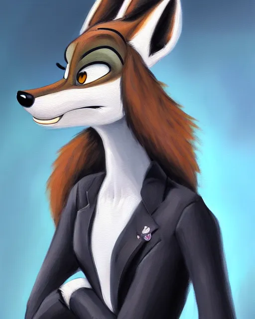 Image similar to oil painting of anthromorphic female wolf, in style of zootopia, female fursona, furry, furaffinity, 4 k, deviantart, furry art, fursona art, wearing black business suit, business suit, wolf fursona, female, very expressive detailed feminine face,