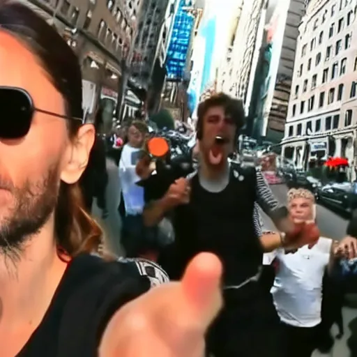 Image similar to bodycam footage of jared leto going crazy pointing a knife at people, new york streets, wide angle, fisheye, uhd, 4 8 0 p, bodycam, paparazzi, bad quality