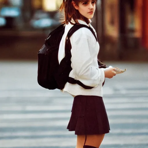 Prompt: photo of teenage emma watson as schoolgirl, holding stringbag full of bagels, street of moscow, shallow depth of field, cinematic, 8 0 mm, f 1. 8