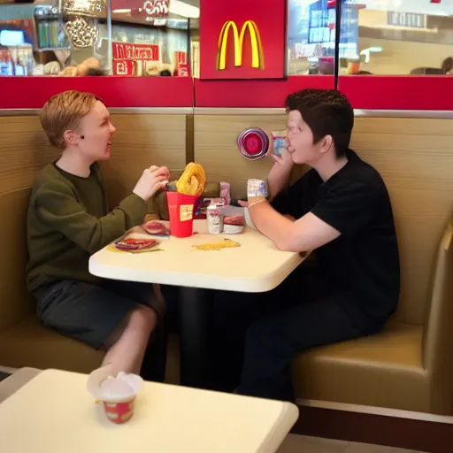 Prompt: Two different people sitting at a booth in McDonalds, one of the people is Draco Malfoy, the other character is Eddie Munson, McDonalds interior background, photo