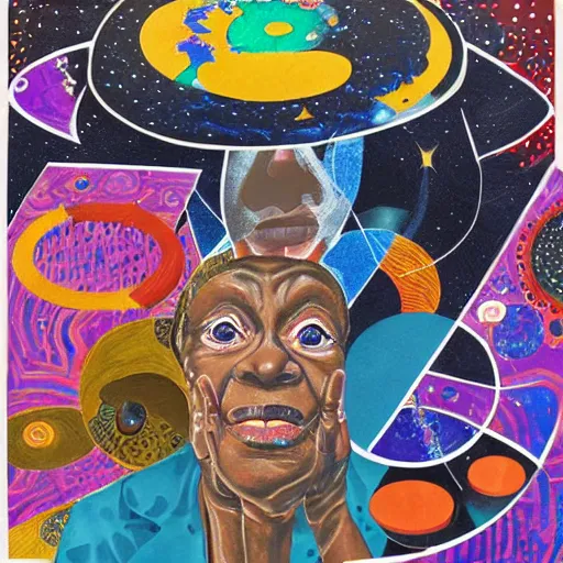 Image similar to A collage. A rip in spacetime. Did this device in her hand open a portal to another dimension or reality?! cosmic horror by Faith Ringgold, by Alexander Milne Calder vivid