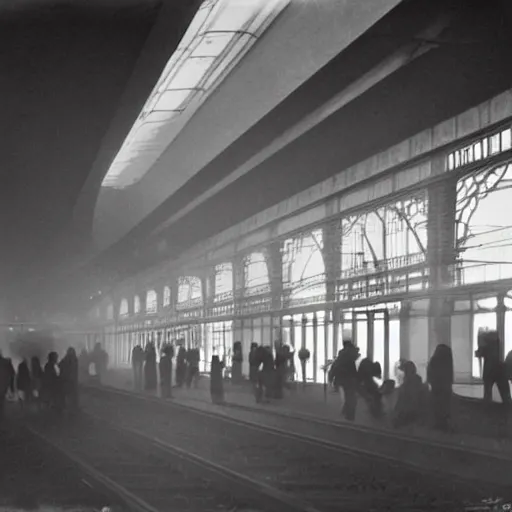 Image similar to a black and white photo of people in a train station, photograph by hal morey, a matte painting by hugh ferriss, featured on cg society, light and space, volumetric lighting, matte drawing, global illumination