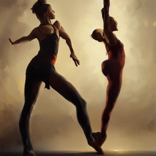 Image similar to oil painting dancer woman with dancer men, herb rose, by greg rutkowski, artstation