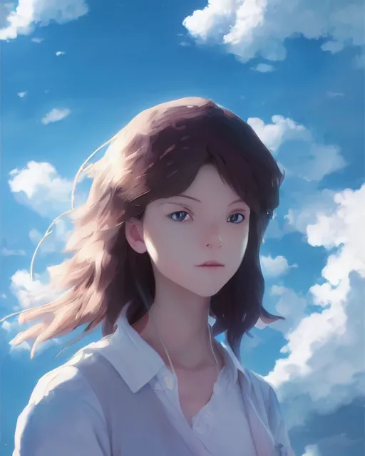 Image similar to a girl made of clouds and sky, full shot, atmospheric lighting, detailed face, by makoto shinkai, stanley artgerm lau, wlop, rossdraws