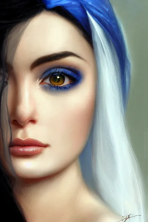 Image similar to ameera al taweel, bright blue eyes, long wavy black hair, white veil, front closeup, cinnamon #b57e59 skin color, highly detailed, centered, oil painting, artstation, concept art by tom bagshaw