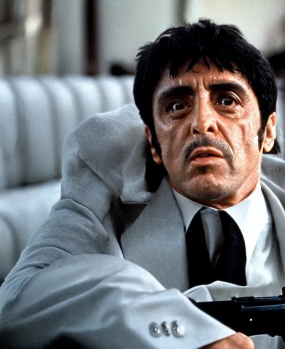 Prompt: tony montana from movie scarface 1 9 8 3. staying with m 1 6 riffle. al pacino, extreme long shot, perfect symmetric face, coherent eyes, fine details, 4 k, ron cobb. cinestill