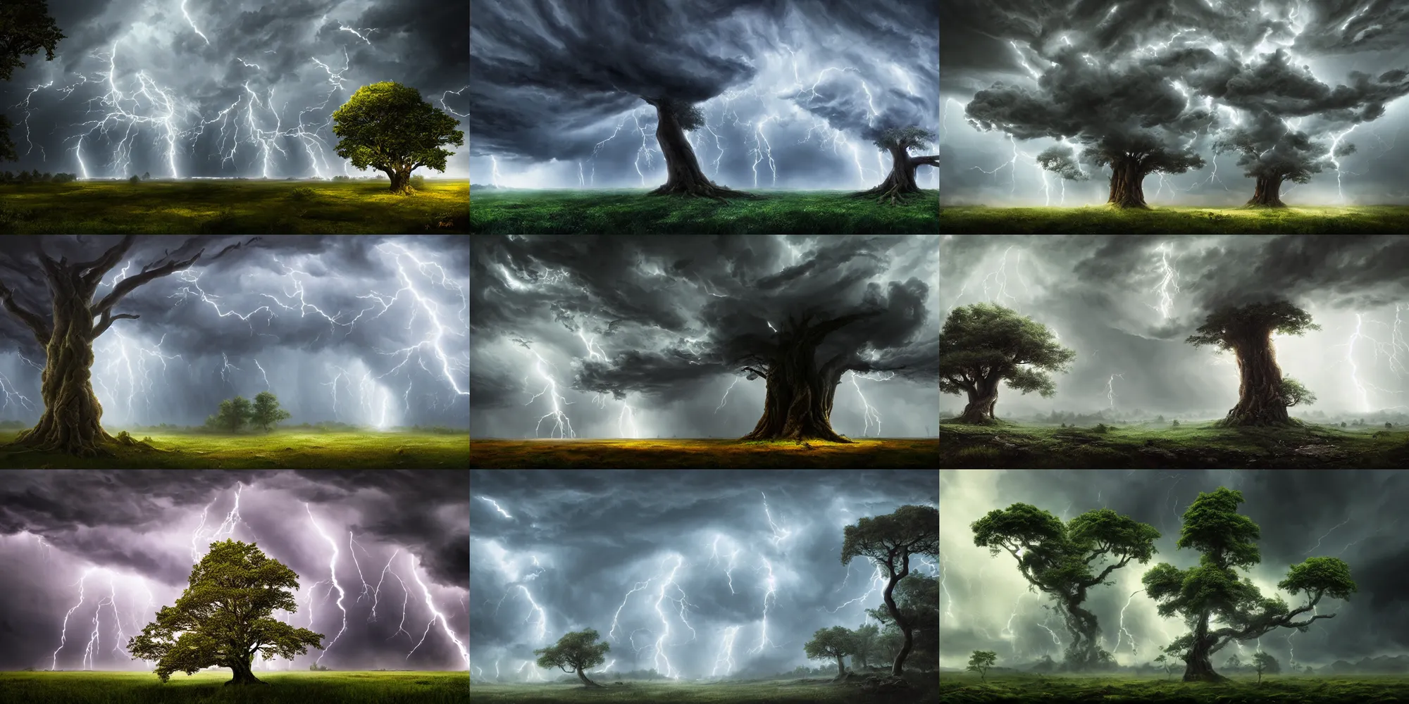 Prompt: a beautiful painting of a huge tree of storm, foliage made of stormy clouds and lightnings, epic, fantasy, high definition, cinematic shot, natural volumetric light, artstation, ultra detailed, 8 k