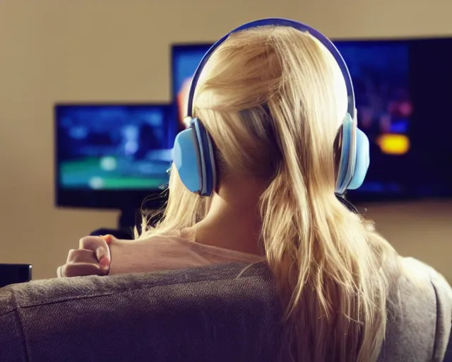 Image similar to view from behind of a cute beautiful blonde woman wearing headset playing game, watching television displaying call of duty, intricate detail, cinematic composition