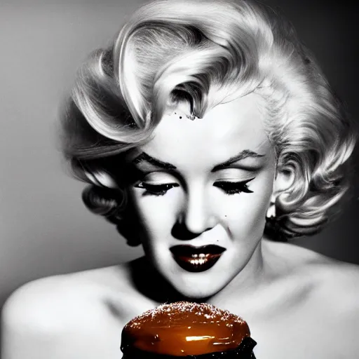 Image similar to beautiful centered photo of marilyn monroe with chocolate dripping down her face, in white room, soft box lighting, shallow depth of field