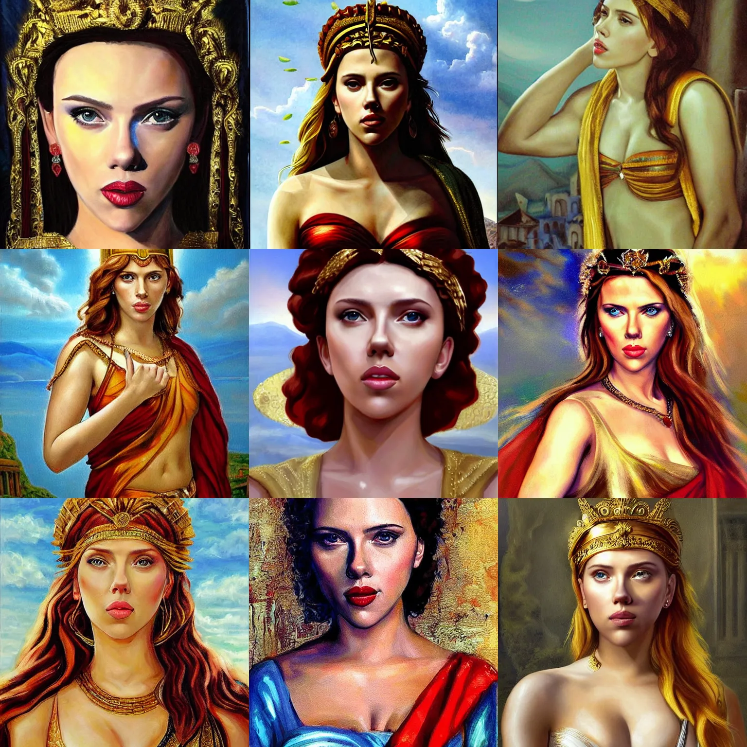 Image similar to Scarlett Johansson as a beautiful Greek Godess, Painting,