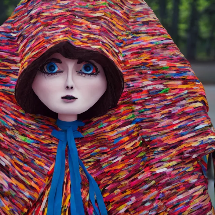 Image similar to a closeup portrait of a woman wearing a cloak made of ribbons, standing next to an empty swing playground, stop motion animation, claymation, anomalisa, 8 k, medium - format print