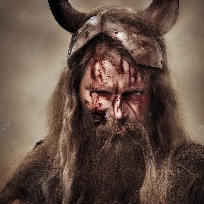 Prompt: portrait of angry viking warrior looking at camera, sweat and blood on his face, small snarl, detailed photo