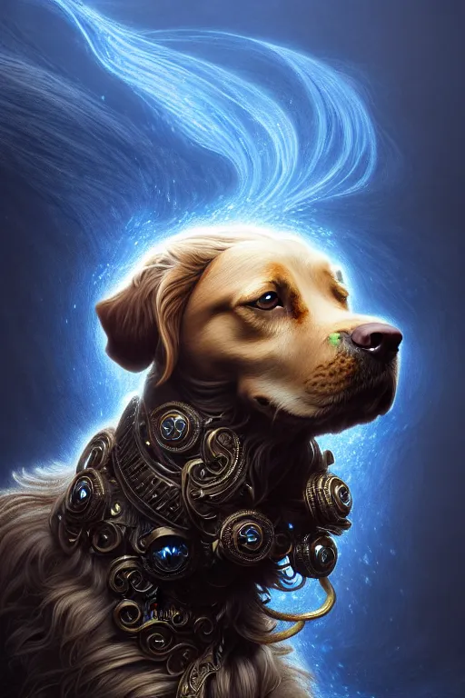 Image similar to dog as a god with flowing hair and blue eyes, very detailed face, detailed features, fantasy, circuitry, explosion, dramatic, intricate, elegant, highly detailed, digital painting, artstation, concept art, smooth, sharp focus, illustration, art by gustave dore, octane render, mucha,