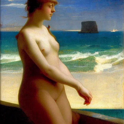 Image similar to A girl on the front of a Balustrade with a beach on the background by paul delaroche