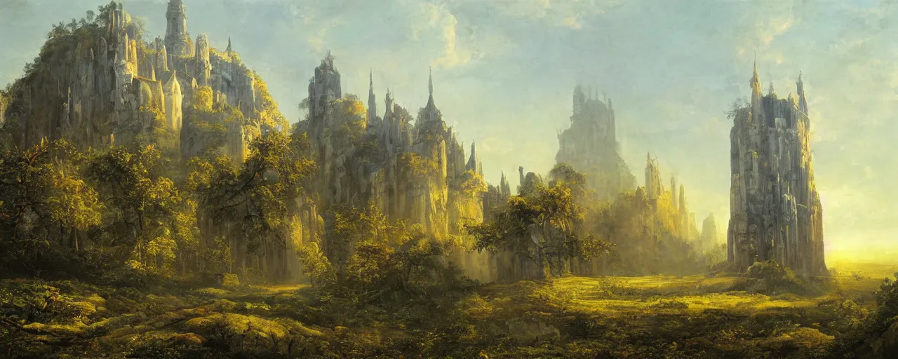 Prompt: white monastery with large tower upon sheer lime cliffs, a ray of sun illuminating, vast forest in the foreground, oil painting, high fantasy, extremely detailed