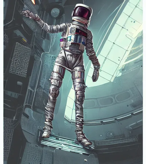 Prompt: realistic cyberpunk engineer with long limbs on a spacewalk, techwear, dead space, visible face, Industrial Scifi, detailed illustration, character portrait, by Martin Grip and Moebius