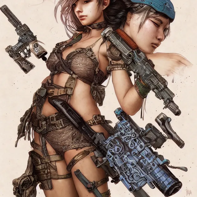 Image similar to the portrait of lawful neutral semi - colorful female infantry gunner as absurdly beautiful, gorgeous, elegant, young swimsuit model, an ultrafine hyperdetailed illustration by kim jung gi, irakli nadar, intricate linework, bright colors, octopath traveler, final fantasy, unreal engine 5 highly rendered, global illumination, radiant light, detailed and intricate environment