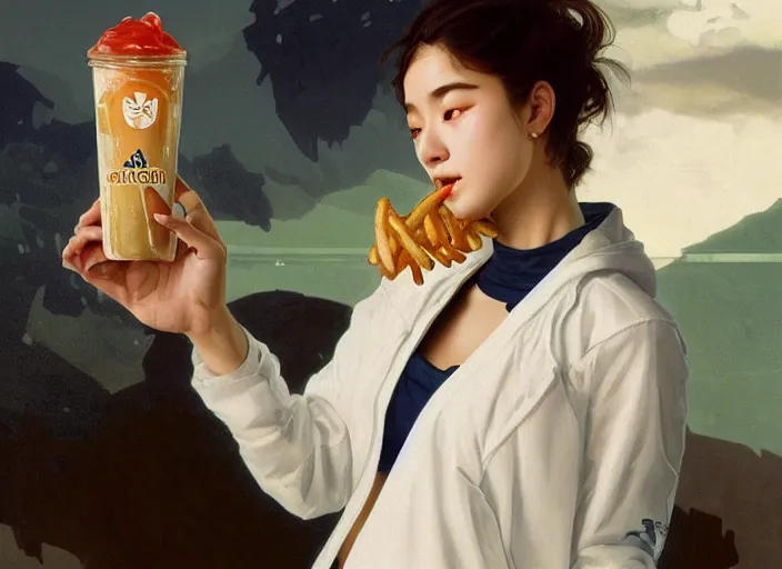 Prompt: Asian Italian young woman wearing cream jacket and navy active adidas pants, drinking vanilla shake and eating fries with ketchup, sigma female, accurately portrayed, portrait art by alphonse mucha and greg rutkowski, highly detailed, digital painting, concept art, illustration, trending on artstation, very detailed, smooth, sharp focus, octane render, close up