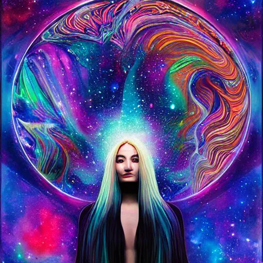 Image similar to a galaxy colored psychedelic chakra awakening kundalini ethereal portrait of kim petras with her eyes closed transcending to a higher plane of existence, eternal blessing, multiverse, by android jones, by ben ridgeway, visionary art, by artgerm, featured on artstation, cgsociety, by greg rutkowski