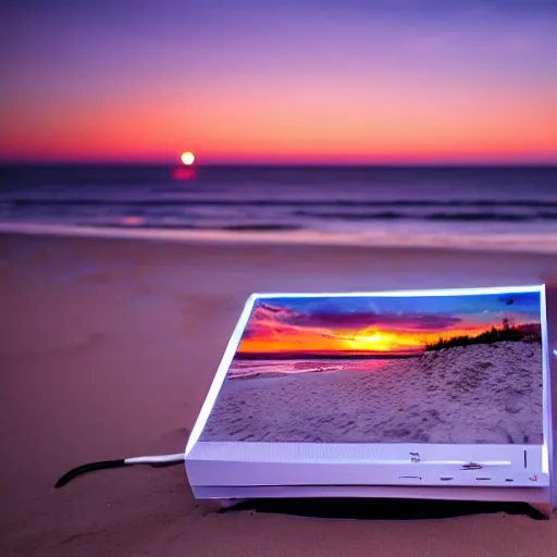 Prompt: desktop gaming pc on the beach near the sea, sunset, cinematic view, 8k, beautiful