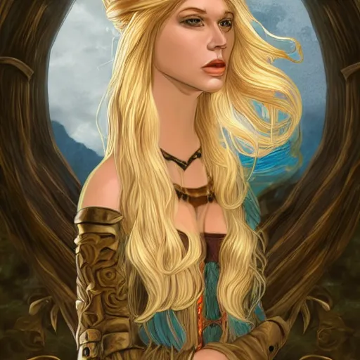 Prompt: High fantasy portrait of a sorceress with long blonde hair casting a spell. She wears leather boots and rides a horse.