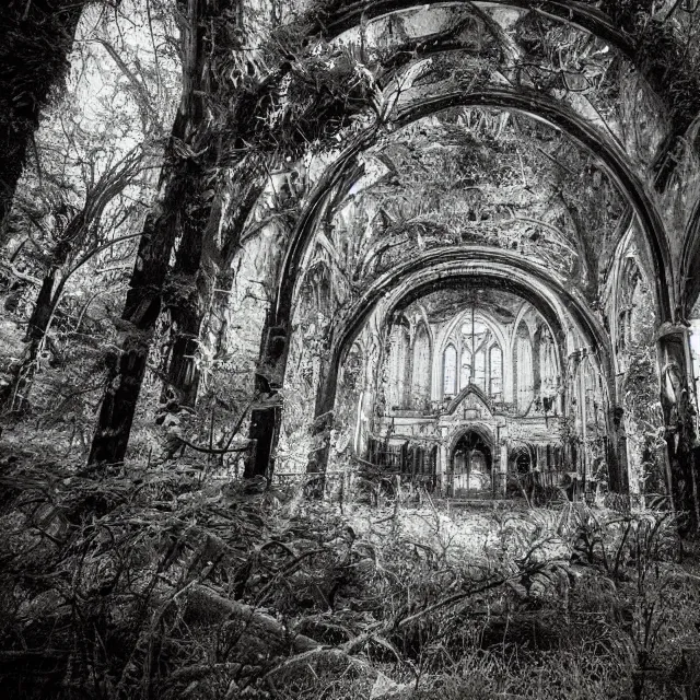 Image similar to abandoned cathedral with overgrown vegetation, vintage infrared photograph