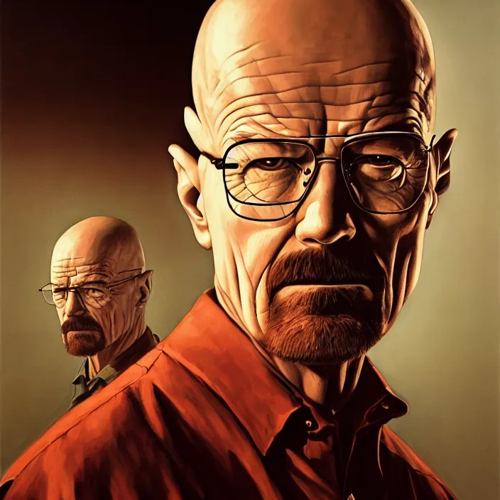 Prompt: cinematic portrait of Walter white, oil on canvas, masterpiece, trending on artstation, featured on pixiv, cinematic composition, dramatic pose, beautiful lighting, sharp details, hyper-detailed, HD, HDR, 4K, 8K, art by Tim Hildebrandt and Wayne Barlowe and Bruce Pennington and ruan jia and larry elmore,