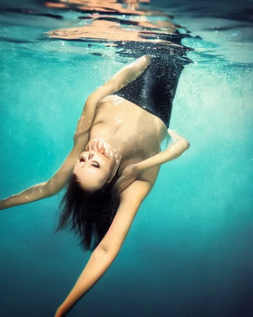 Image similar to a portrait photo of a beautiful young woman floating underwater with reflections, serene and beautiful, dark background, single top lighting