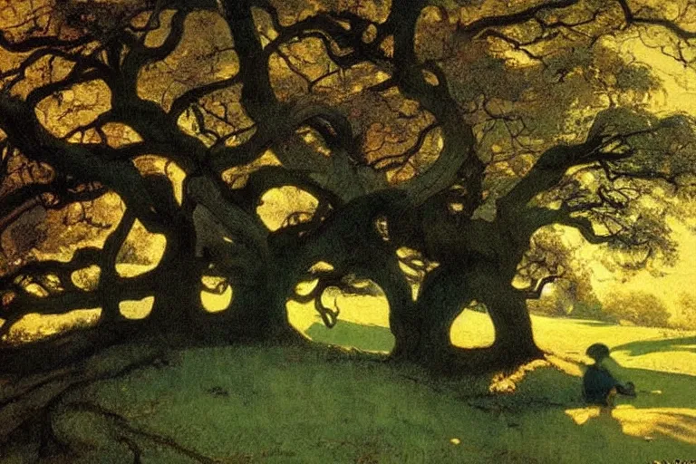 Image similar to masterpiece painting of oak trees on a hillside overlooking a creek, dramatic lighting, by jessie willcox smith