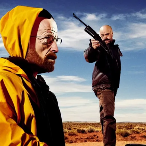 Image similar to Walter white holding a gun to jesse pinkmans head, poster, dramatic