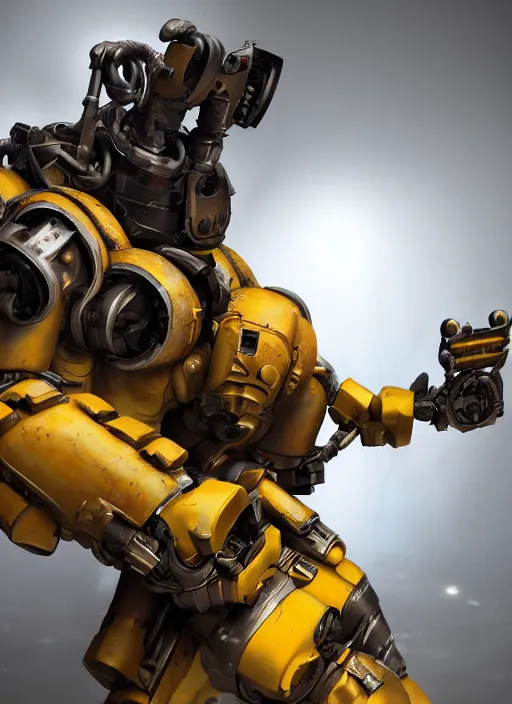 Image similar to a photorealistic dramatic hyperrealistic render of a futuristic exosuit power loader heavy machinery, ultra realistic details, glossy yellow, well worn, rust, oil stains by vitaly bulgarov and mike nash, beautiful dramatic dark moody tones and lighting, cinematic atmosphere, studio lighting, global illumination, shadows, dark background, octane render, 8 k