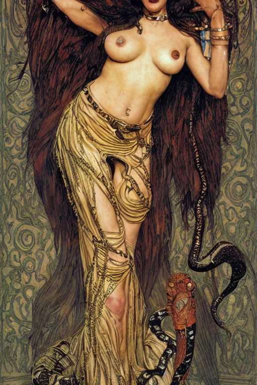 Prompt: full length portrait of serpent woman, by lawrence alma tadema and rick berry and norman rockwell and jason fabok and everett raymond kinstler