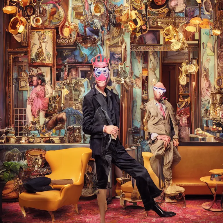 Image similar to vogue photoshoot octane render portrait by wayne barlow and carlo crivelli and glenn fabry, a handsome eccentric man in a bright colorful pastel wes anderson uniform inside and a black robber mask inside a high - end exotic vintage boutique hotel bar, very short depth of field, bokeh