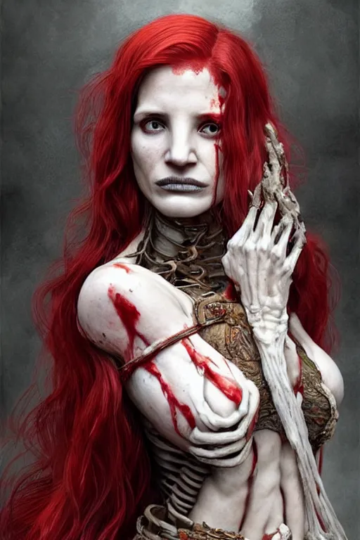 Image similar to woman skeleton covered with blood, jessica chastain face!!!, long red hair, ultra realistic, concept art, intricate details, highly detailed, 4 5 mm. photorealistic, octane render, 8 k, unreal engine. retro film still, heavy grain, 3 5 mm, art by artgerm and greg rutkowski and alphonse mucha