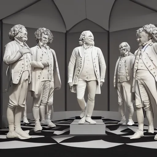 Image similar to mozart and beethoven and bach and liszt all standing next to each other, they're all statues, octane render, 8 k, highly detailed, hyper - realistic.