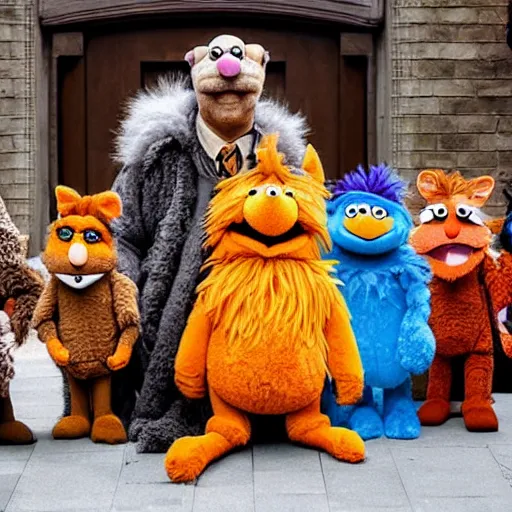 Prompt: a large fluffy muppet fox wearing a hooded cloak holding a small muppet manatee in one arm and a muppet dinosaur cat in the other arm with a small herd of random muppet animals following behind, sesame street, photograph, photography, ultrarealistic, national geographic