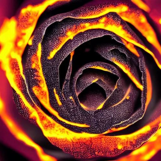 Image similar to award - winning macro of a beautiful black rose made of glowing molten magma, inner glow, lava texture