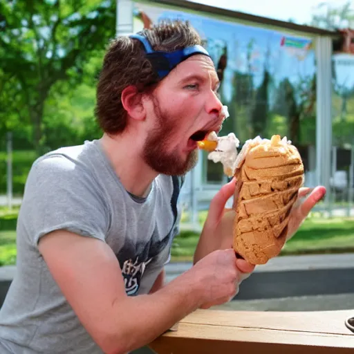Image similar to photo of a neanderthal amazed eating ice cream