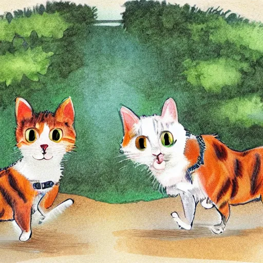 Image similar to two calico cats walking together outside on a beautiful day, cute storybook illustration