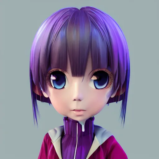 Prompt: portrait of a anime and chibi very cute girl with purple jacket design by antonio mello, xkung work, character modeling, toy design, substance 3 d painter, blender, mental ray, zbrush, soft vinyl, bio luminescent, maximalist sculpted design portrait, studio photo, 7 0 mm lens, trending in artstation